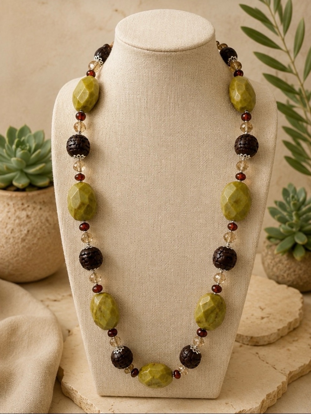 Artisan Handmade Turquoise, Cinnabar & Amber Necklace | Sterling Silver 925  22”